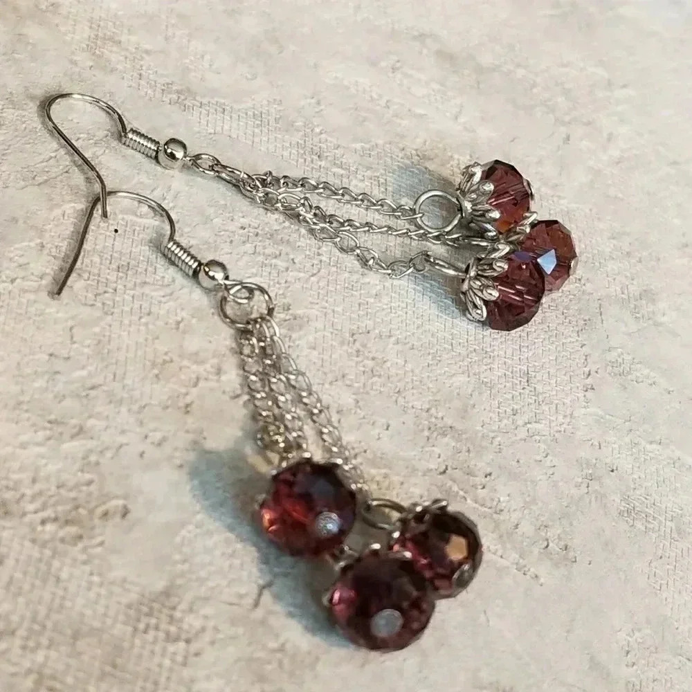 Triple Chained Purple Crystal Swingy Earrings